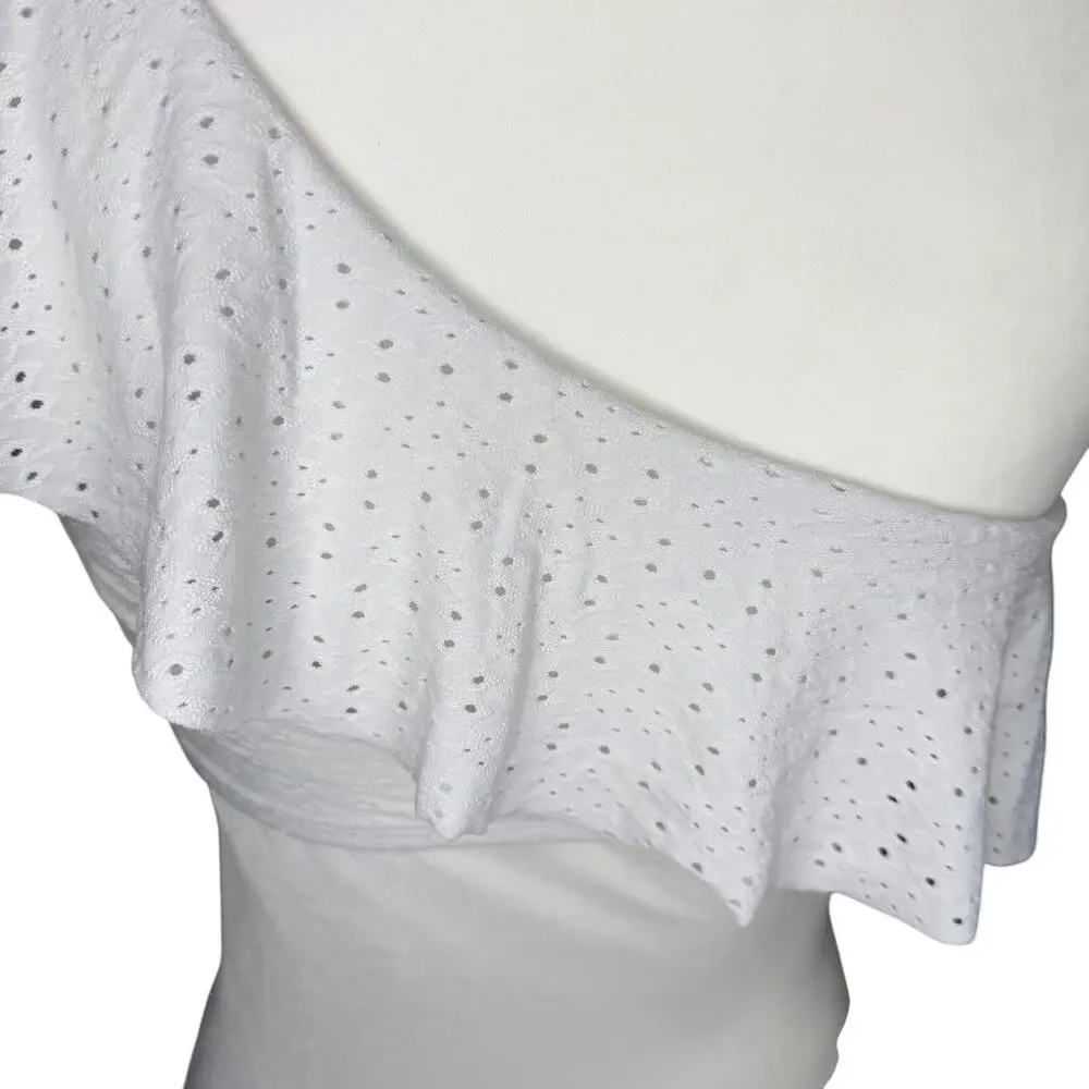 Kona Sol Target One Shoulder Ruffle Eyelet Bikini Top Padded Size Medium White